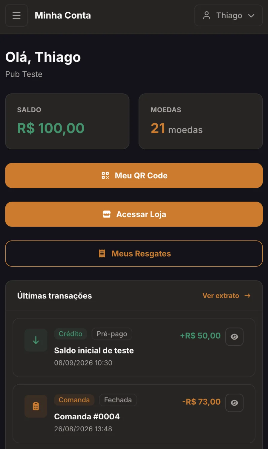 Aplicativo web do cliente mostrando o saldo de moedas de fidelidade