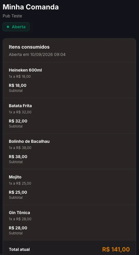 Comanda aberta no aplicativo web do cliente, com os itens consumidos e o total