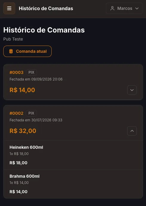 Histórico de comandas já fechadas no aplicativo web do cliente