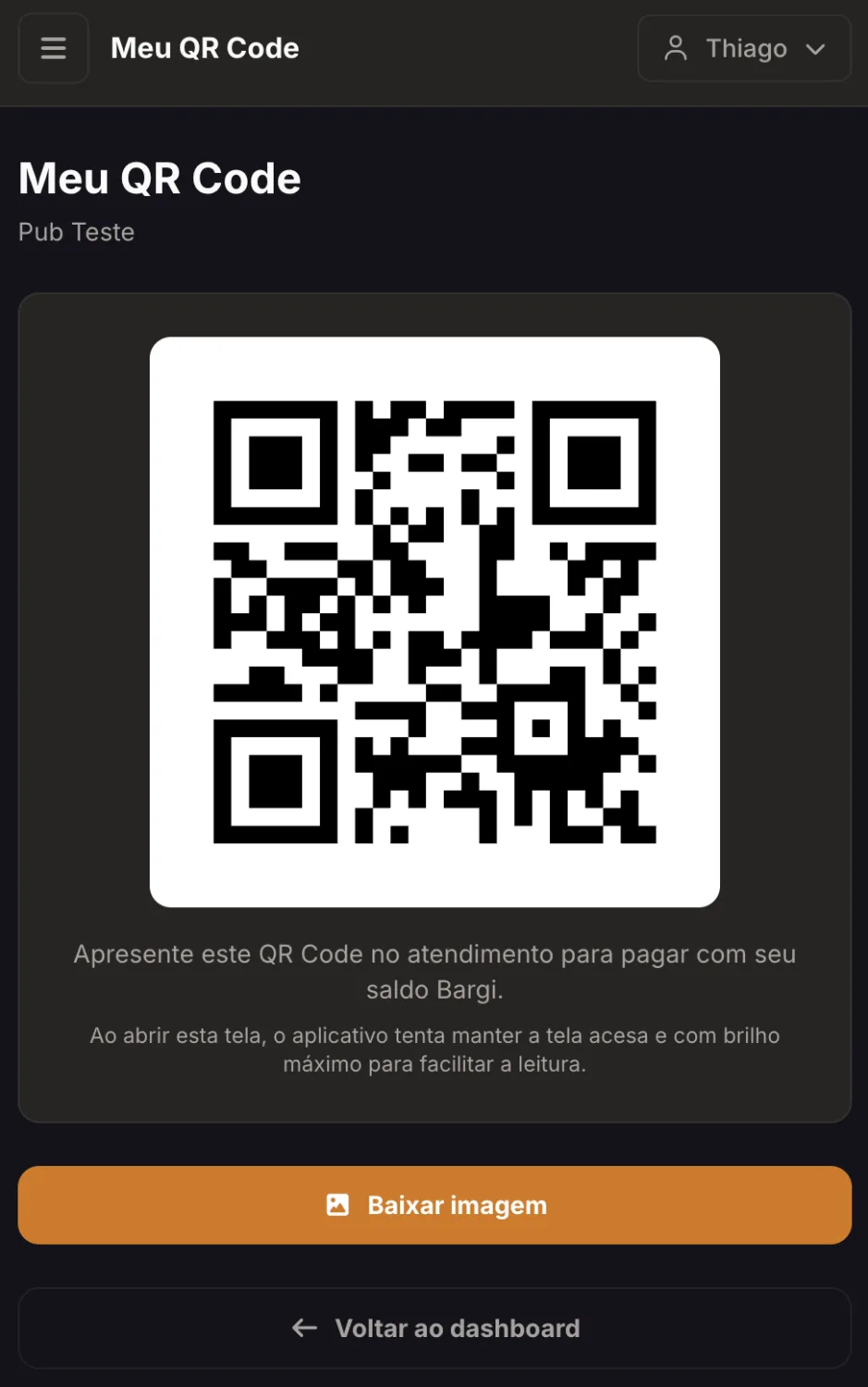 QR code de acesso ao aplicativo web do cliente com o saldo pré-pago